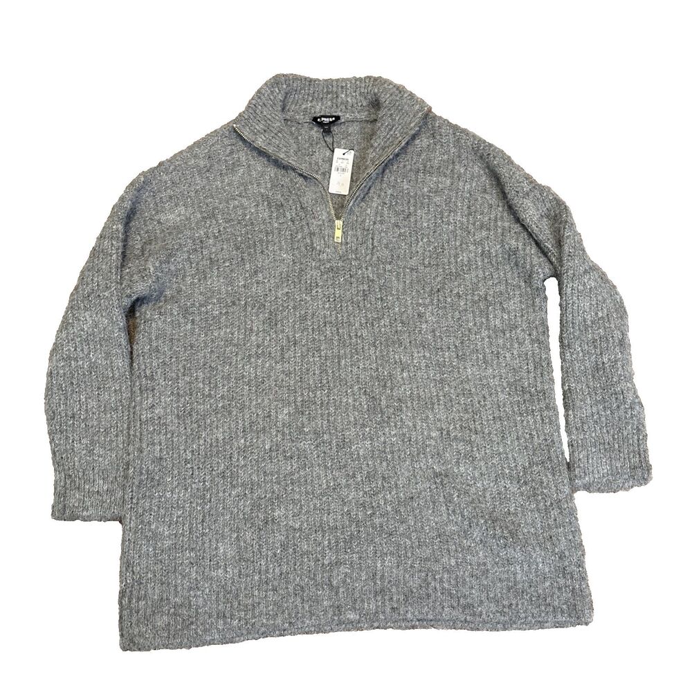 NWT Express: Shine Ribbed Fuzzy Knit Quarter Zip Tunic Sweater Large $98